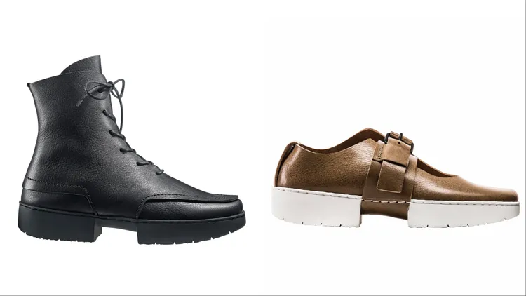 Trippen Debate男女款長靴（左）特價2840元、女款涼鞋ARCADE SMOG（右）特價2440元。品牌提供