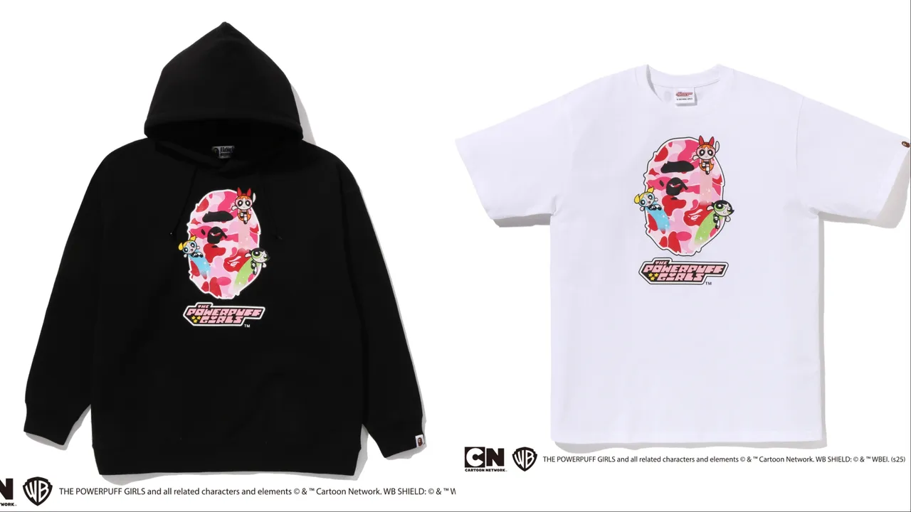 BAPE X 《飞天小女警》联名连帽衫（左）8799元、联名T恤（右）2799元。品牌提供