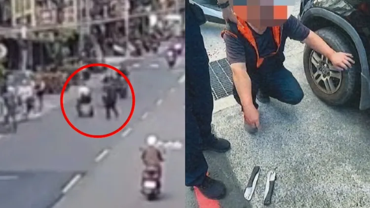 张男(黑衣者)债务乔不成，竟持双锯当街追过大马路砍人，劝架民众也遭殃。翻摄画面