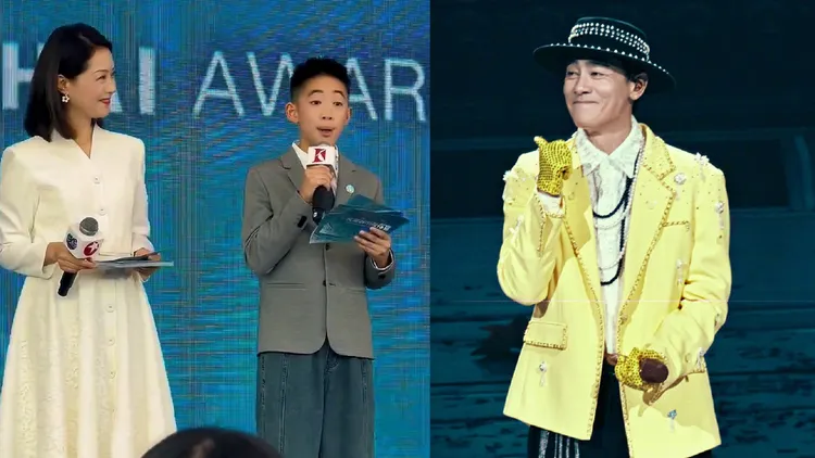 陳小春12歲長子Jasper擔任活動主持人台風穩健。翻攝應采兒抖音、陳小春微博