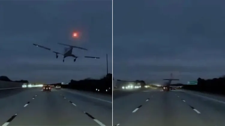 一架小飞机在公路迫降时，撞上行驶中的汽车。翻摄自X