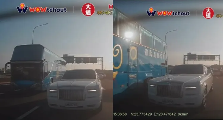 勞斯萊斯見前方堵車，慢速切向外側車道，沒注意遊覽車已經駛來。取自「WoWtchout - 地圖型行車影像分享平台」