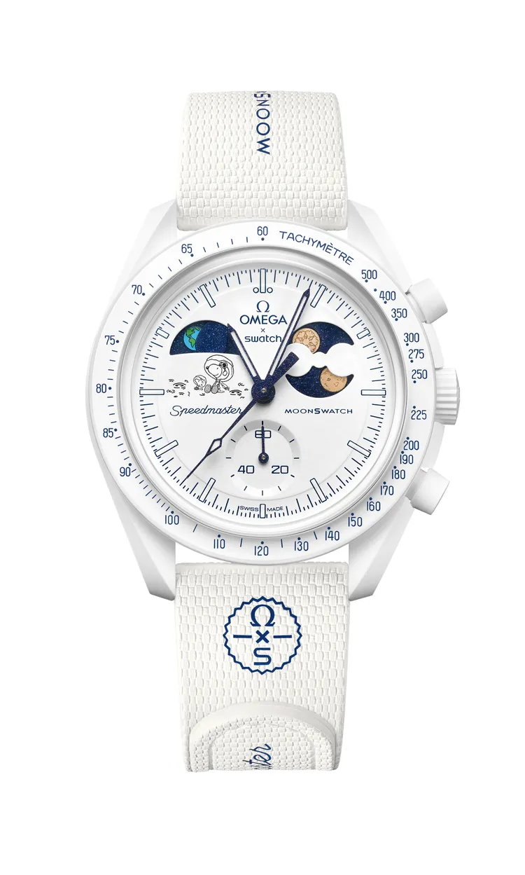 SWATCH X Omega MISSION TO EARTHPHASE - MOONSHINE GOLD Cold Moon腕錶，1萬2150元。品牌提供