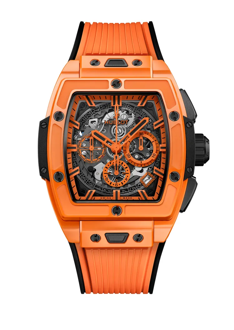 HUBLOT Spirit of Big Bang亮彩橘陶瓷計時碼錶，42mm，拋光橘陶瓷錶殼，藍寶石水晶鏤空錶盤，橘色和黑色立體橡膠錶帶，HUB4700自動上鍊鏤空計時碼錶機芯，動力儲存50小時，防水深100米，限量200只，117萬3000元。品牌提供