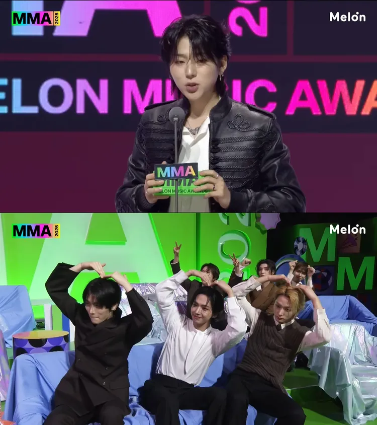 ZICO（上圖）拿下最佳製作人獎，子弟兵BOYNEXTDOOR比愛心感謝。翻攝YouTube