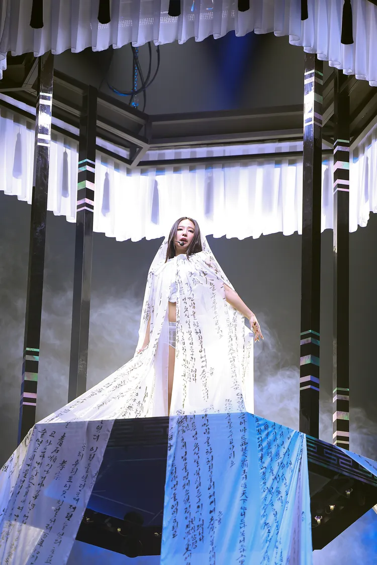 Jennie披著寫滿中文和韓文的白布登場。翻攝MMA X