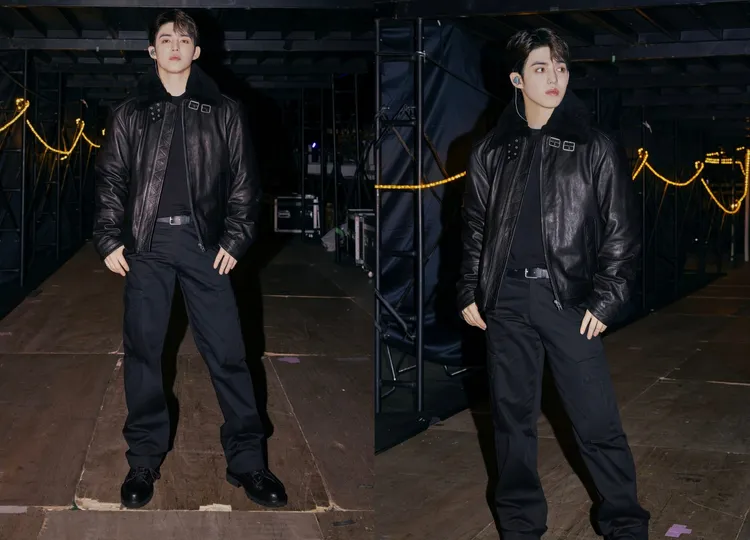 S.COUPS以黑色羊毛翻領皮革夾克內搭工裝長褲與素色T恤。品牌提供