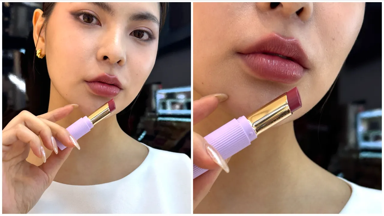 Model示范水啵啵琉璃润唇膏的IU亲选色#09微醺桑果。张家玲摄