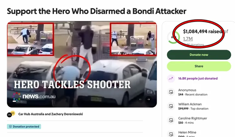 網路上有人為澳洲恐攻中奮不顧身奪下槍手槍枝的白衣英雄募款，目前已募集170萬美元善款。翻攝GoFundMe網頁