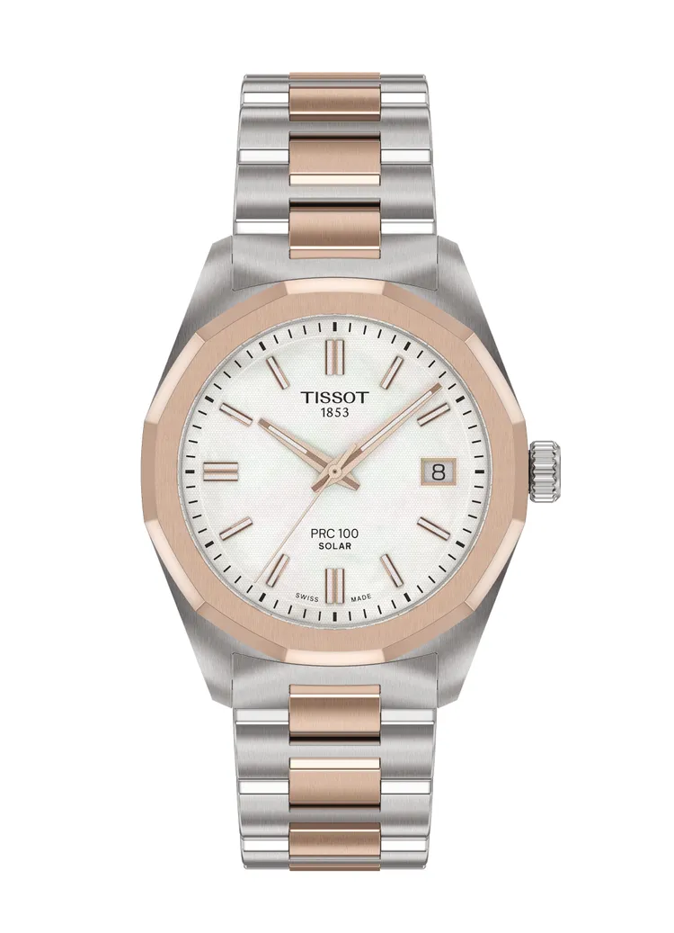 TISSOT PRC 100 Solar太陽能腕錶34mm（玫瑰金與珍珠母貝面盤），1萬7500元。品牌提供
