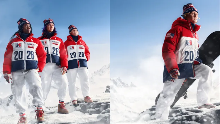 閉幕式以拼色羽絨外套大玩復古滑雪競速風。品牌提供