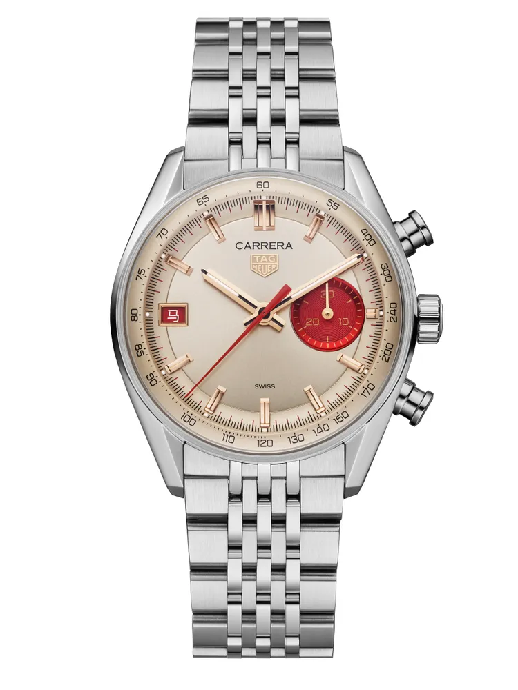 TAG Heuer Carrera馬年限量版計時腕錶，39mm，拋光精細磨砂精鋼錶殼，香檳色太陽放射紋錶盤，精鋼七珠鍊帶，Calibre TH20-07自動上鍊機芯，動力儲存80小時，防水深度100米，限量250只，25萬3700元。品牌提供