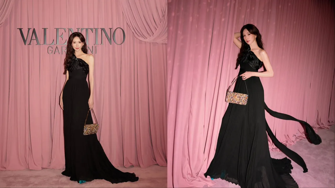 林志玲一袭黑纱百褶平口长裙搭配华丽闪钻款式的DeVain包。翻摄林志玲IG