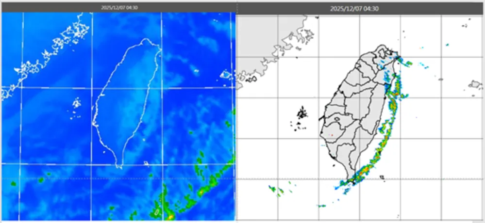 台湾东侧可见平行海岸线的条状低层云，并伴随降水回波。气象应用推广基金会提供。