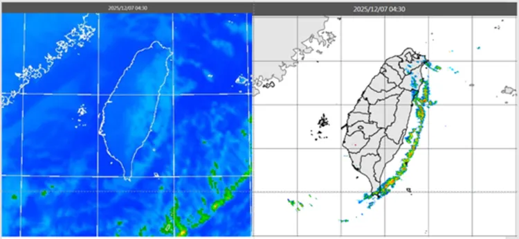 台灣東側可見平行海岸線的條狀低層雲，並伴隨降水回波。氣象應用推廣基金會提供。