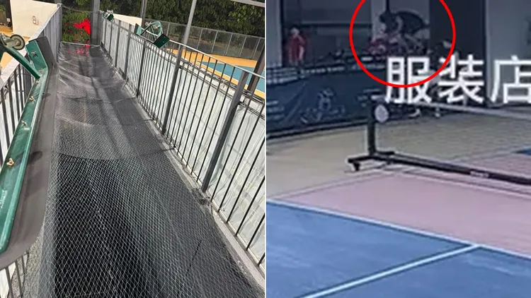 男子翻过围栏跳下护网要捡匹克球，结果直接坠楼身亡。翻摄自小红书