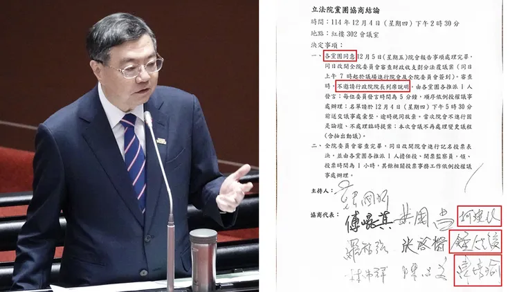 黄国昌po出立法院党团协商结论（右图，翻摄自黄国昌脸书）指出，民进党也签名不邀请行政院长卓荣泰（左图，资料照片）列席报告财划法覆议案。