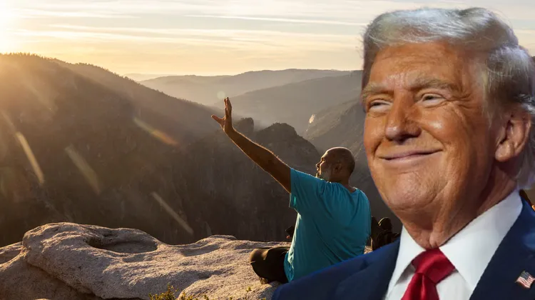 「就是那道光！」從明年6月14日川普80歲大壽開始，美國公民在每年6月14日當天，都可以免費進場國家公園。合成畫面。背景為優勝美地國家公園。美聯社