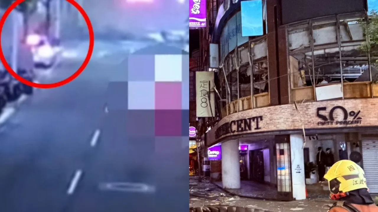 板桥府中商圈凌晨气爆，震波冲击让附近车辆警报大响(图左)，住户也从睡梦中惊醒，不少人门窗玻璃碎裂变形，还有窗型冷气被推进了屋内。翻摄画面