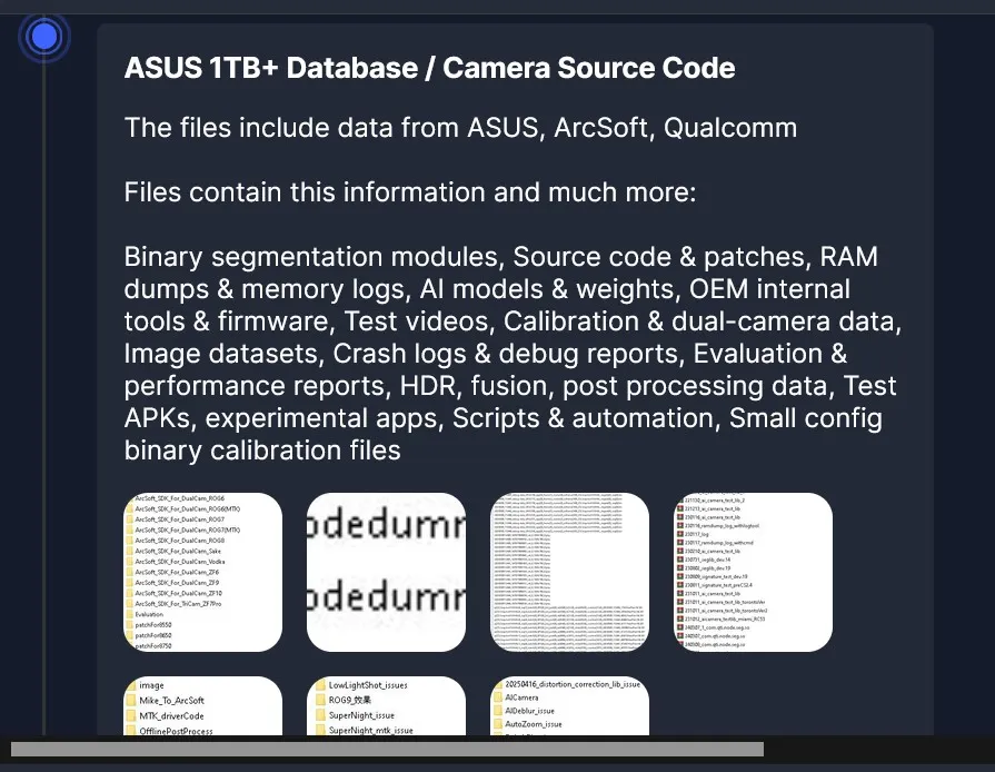 暗网上由Everest勒索集团公布的截图，疑似显示华硕相关相机原始码、AI模型、内部测试工具与多款ROG手机SDK资料夹结构，内容并出现高通、联发科与虹软科技等合作伙伴名称，成为此次1TB外泄疑云的关键证据之一。HackRead
