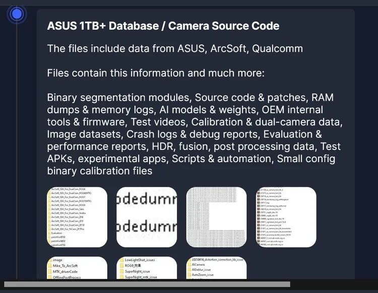 暗網上由Everest勒索集團公布的截圖，疑似顯示華碩相關相機原始碼、AI模型、內部測試工具與多款ROG手機SDK資料夾結構，內容並出現高通、聯發科與虹軟科技等合作夥伴名稱，成為此次1TB外洩疑雲的關鍵證據之一。HackRead