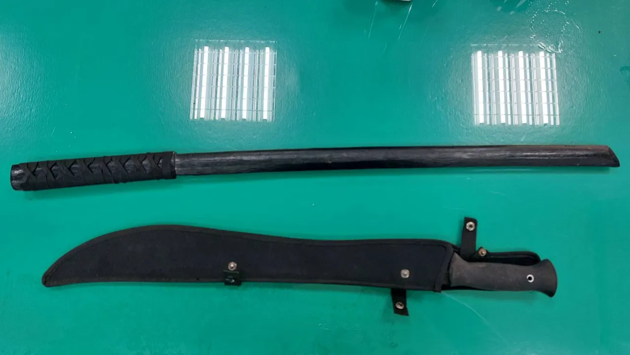 警方查扣木刀及蓝波刀。桃园警分局提供
