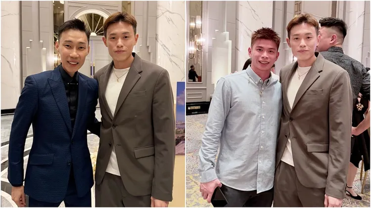 林俊易與李宗偉（左圖左）等大馬羽球好手合照。翻攝自林俊易IG