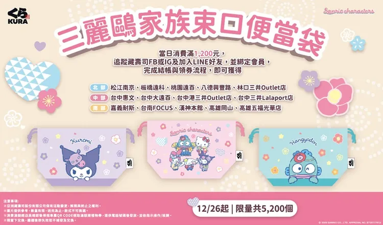 藏壽司 x 三麗鷗家族束口便當袋。業者提供