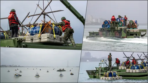 防环台军演突袭！陆军工兵投放爆破油桶　满布淡水河道阻绝敌艇