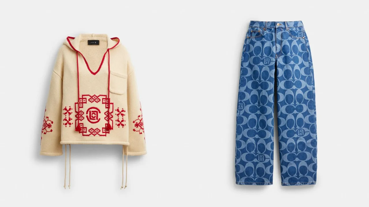 COACH X CLOT嵌花休闲连帽衫（左）1万5400元、经典SIGNATURE宽版牛仔裤（右）1万元。品牌提供