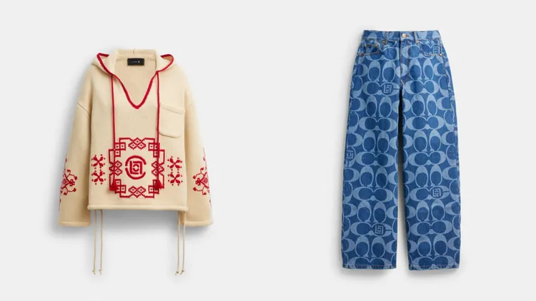 COACH X CLOT嵌花休閒連帽衫（左）1萬5400元、經典SIGNATURE寬版牛仔褲（右）1萬元。品牌提供