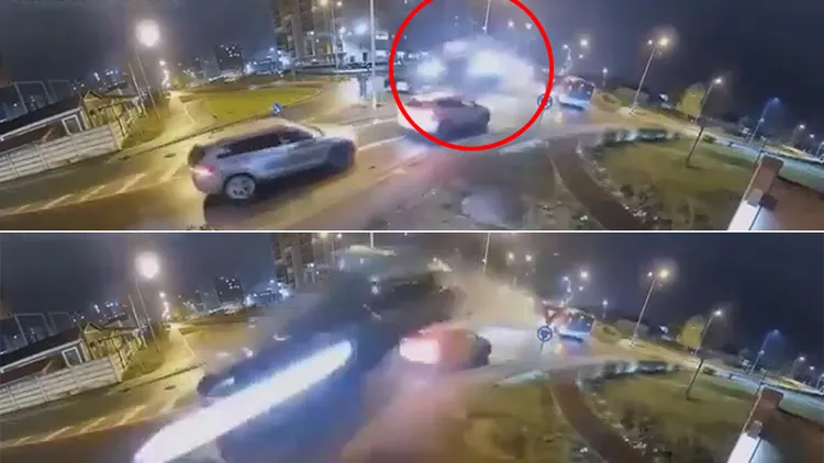 宾士车撞路缘后腾空而起，夸张过程被道路监视器拍了下来。翻摄自YouTube