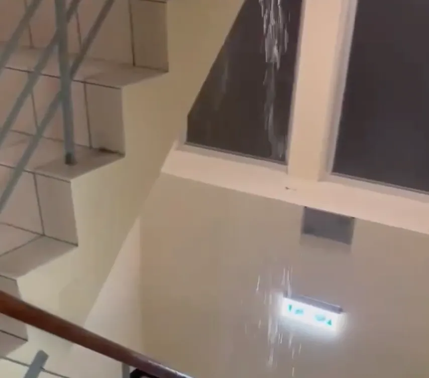 大龙峒社宅曾遇强降雨后楼梯变淋浴间。翻摄自颜若芳脸书