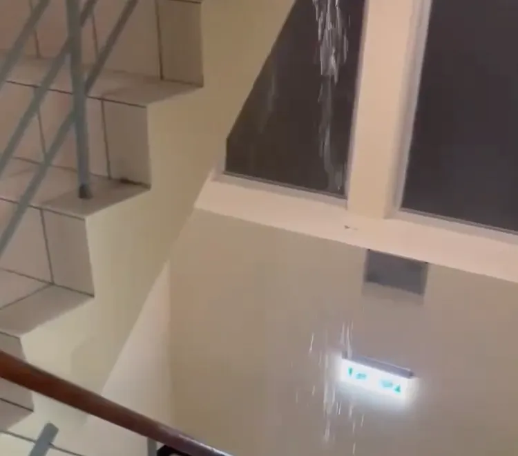 大龍峒社宅曾遇強降雨後樓梯變淋浴間。翻攝自顏若芳臉書