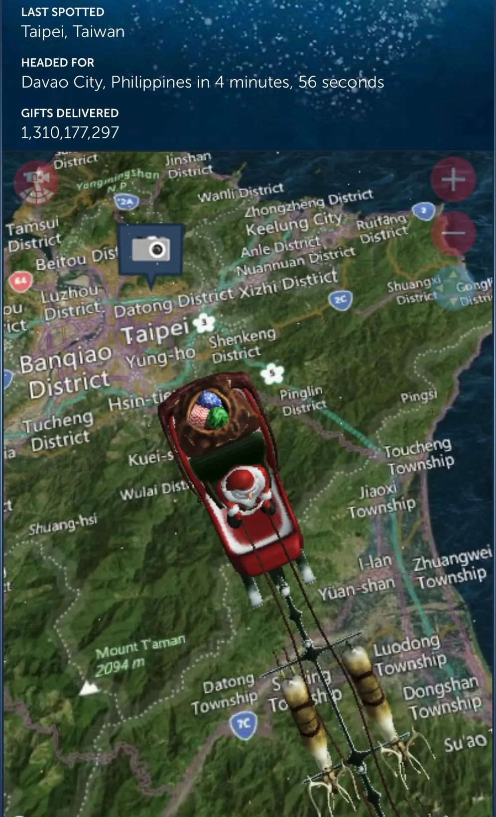 国防部公开圣诞老人飞越台湾上空路线图。翻摄国防部X