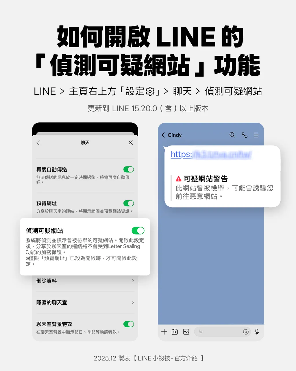 LINE在新版中加入「侦测可疑网站」功能，只要更新至LINE15.20.0以上版本并在设定中手动开启，聊天室若出现曾被检举的可疑连结，系统便会跳出警告提醒用户提高警觉。LINE提供