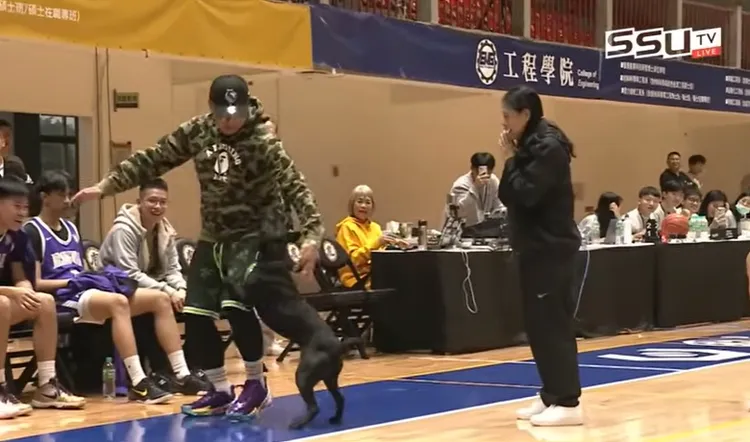 義守大學的教練一起引導黑狗出場外。翻攝自大專體總YT