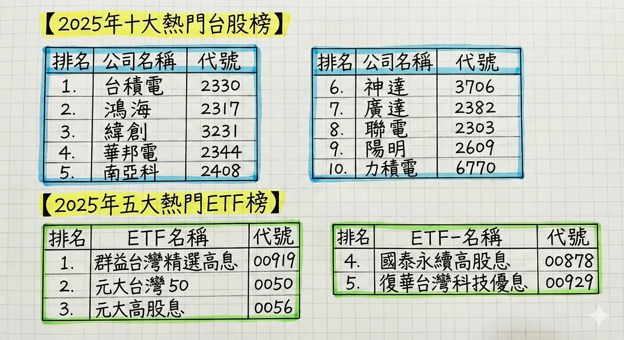 2025年台股热度榜单一次看懂，十大热门个股由台积电、鸿海、纬创等权值与AI概念股包办，记忆体族群同步入列；ETF方面则以高股息产品为主流，群益台湾精选高息居冠，元大台湾50成为榜中唯一非高股息ETF。Yahoo股市提供，AI制表