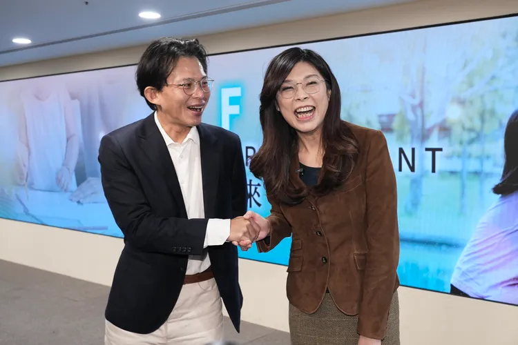 「搶救少子國安危機 TFA 助台灣一臂之力！」記者會，民眾黨主席黃國昌、國民黨主席鄭麗文。彭欣偉攝