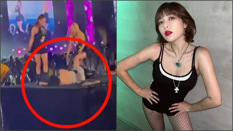 泫雅疑似極端減重，導致表演時身體不適而暈厥在舞台上。合成圖