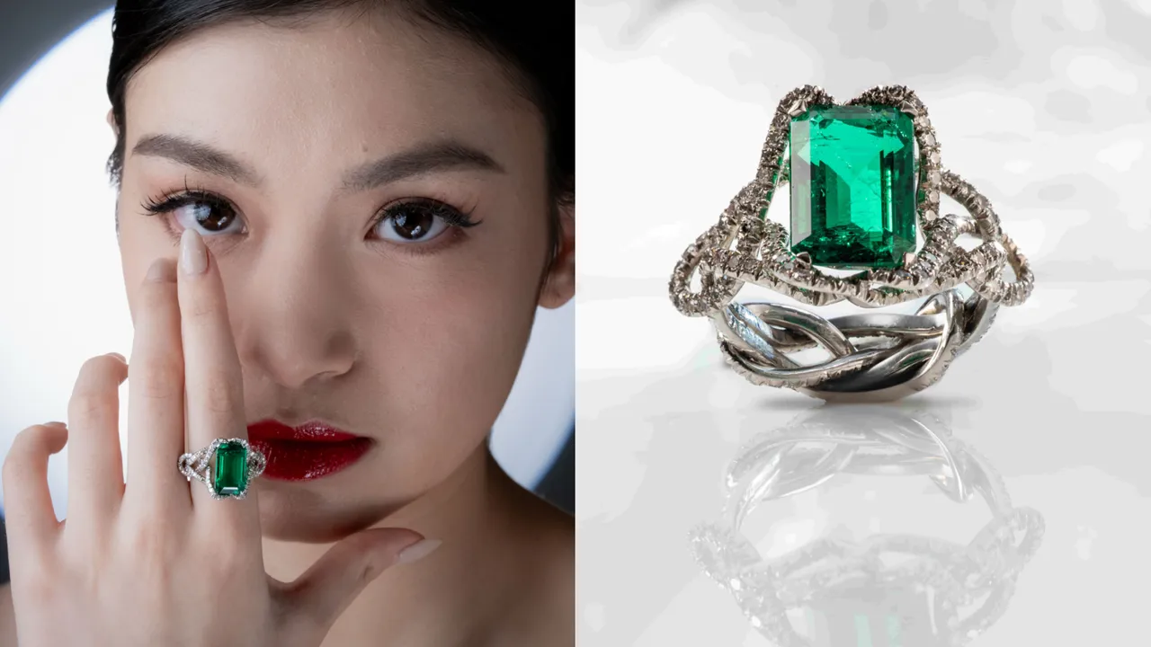 祖母绿钻石戒指（祖母绿5.86克拉、钻石共1.51克拉、PT950）。品牌提供