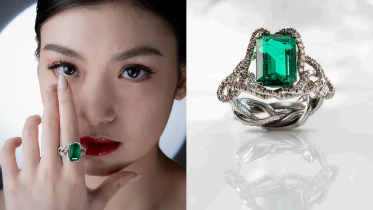 祖母綠鑽石戒指（祖母綠5.86克拉、鑽石共1.51克拉、PT950）。品牌提供