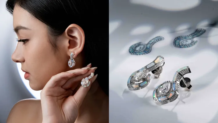 蛋白石鑽石耳環（水滴形鑽石2顆各 1.02克拉＆1.07克拉、蛋白石共13.68克拉、圓鑽共1.31克拉、18K白金）。品牌提供