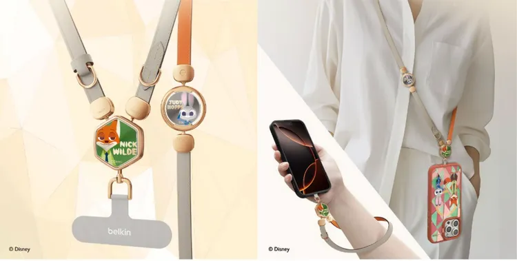 《動物方城市》聯名手機掛繩採用雙面皮革製成與霧面五金扣件，兼具時尚與耐用。Belkin提供