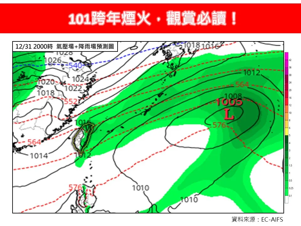 模式模拟显示，跨年夜至元旦清晨台湾受东北季风影响，北部、东半部降雨机率高。翻摄林老师气象站脸书