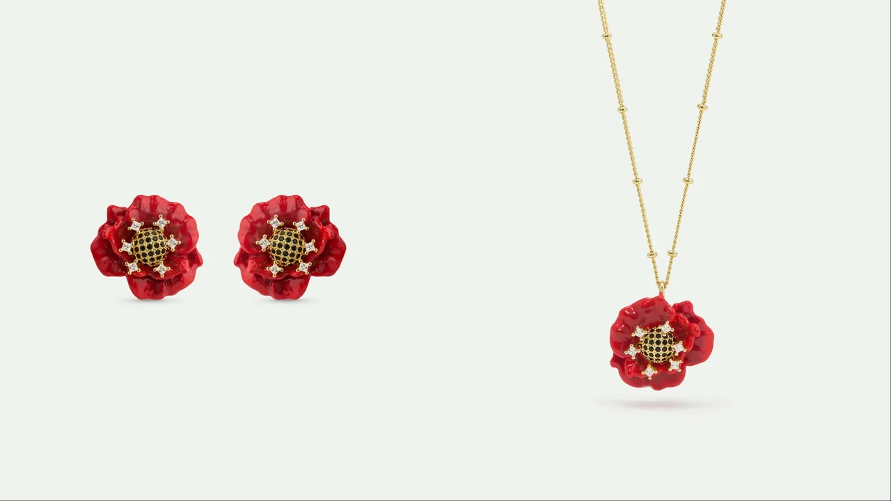Les Néréides「春色秋月」罂粟花耳环（左）7200元、罂粟花项链（右）9000元。品牌提供