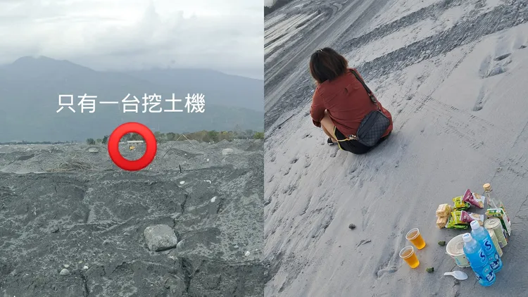 花蓮光復鄉災民家屬重返父母失蹤地，怎料卻目睹一大片淤泥只有一輛挖土機在作業。家屬授權提供