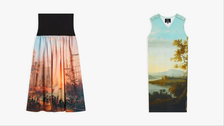 agnès b. Louvre系列中長裙（左）1萬7580元、女裝 Louvre系列棉質針織洋裝（右）9980元。品牌提供