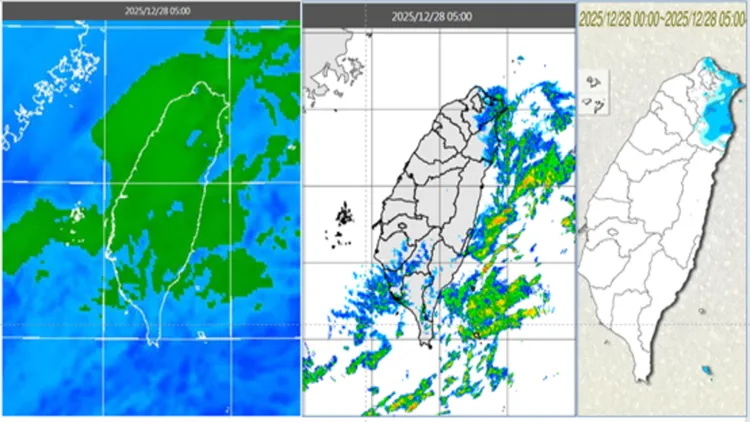 雲圖、雷達與雨量顯示，迎風面回波消長，大台北東側及宜蘭降雨明顯。翻攝氣象應用推廣基金會