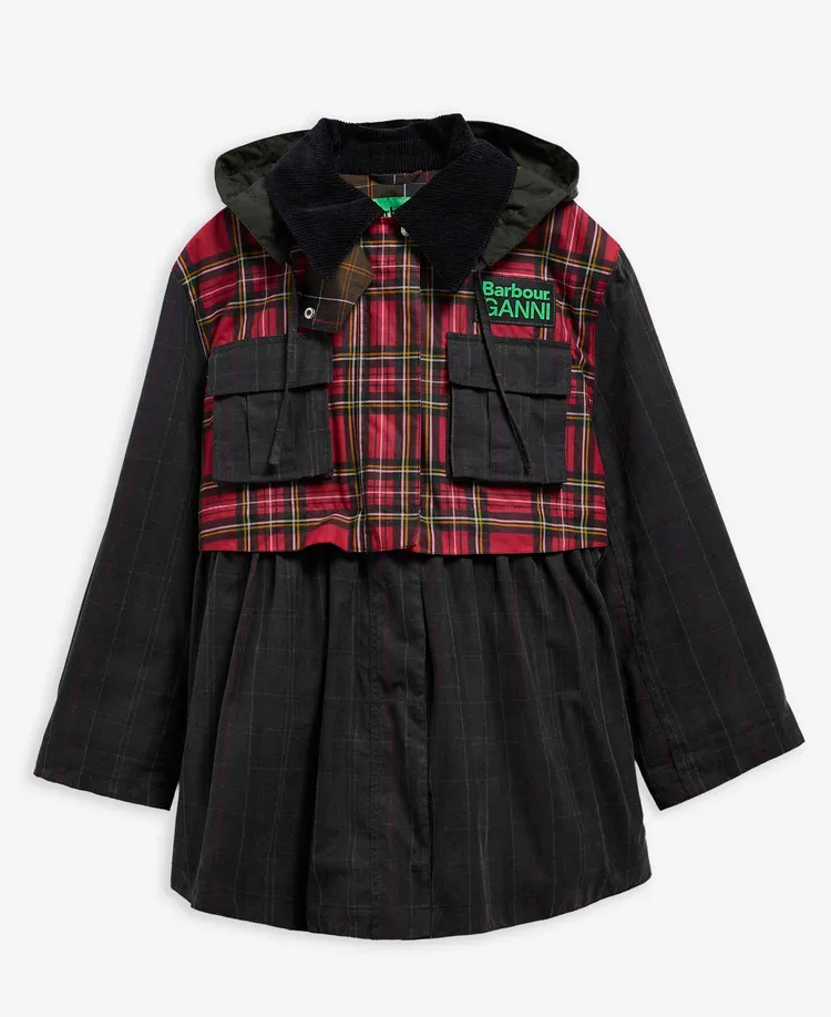 Barbour x GANNI格紋Peplum油布外套，2萬4000元。品牌提供